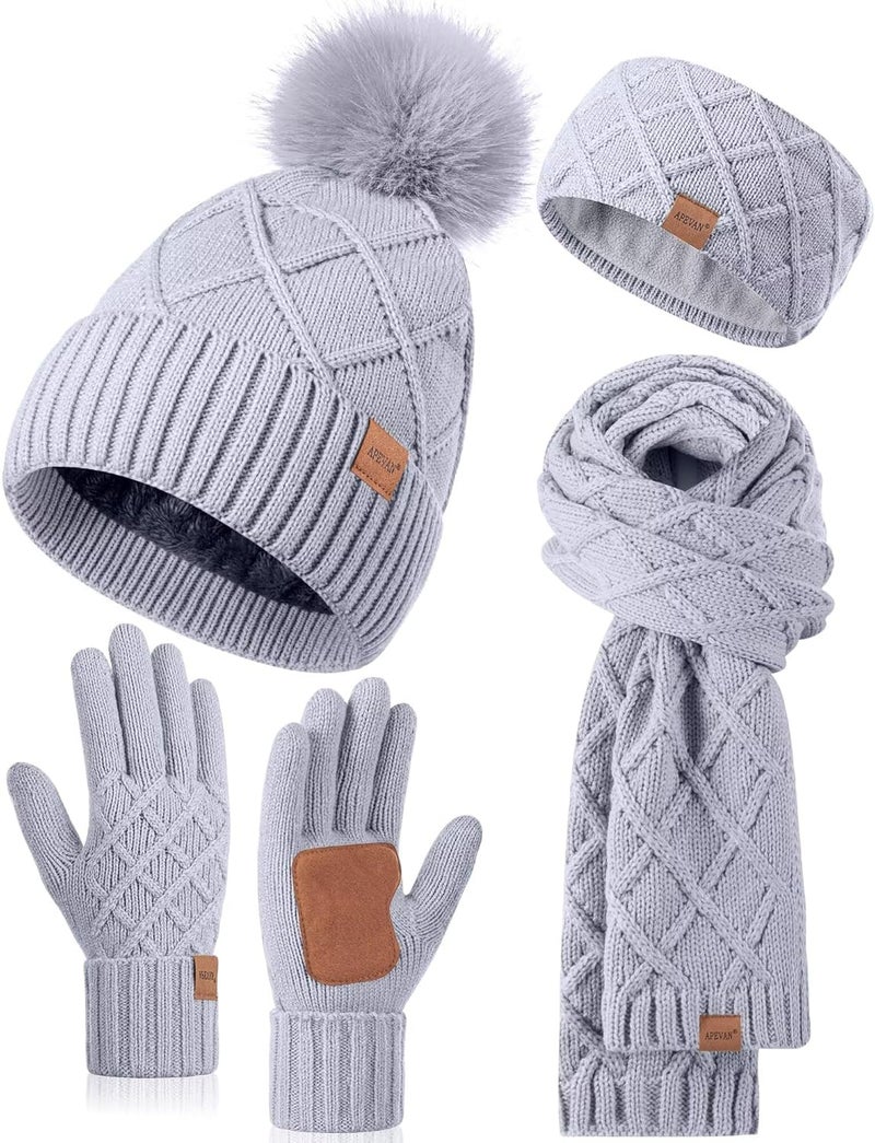 APEVAN Womens Winter Hat Gloves Scarf Headband Set, Pom Pom Beanie Long Scarf Touchscreen Gloves Ear Warmer, 4 in 1 Warm Gift Set - Image 1